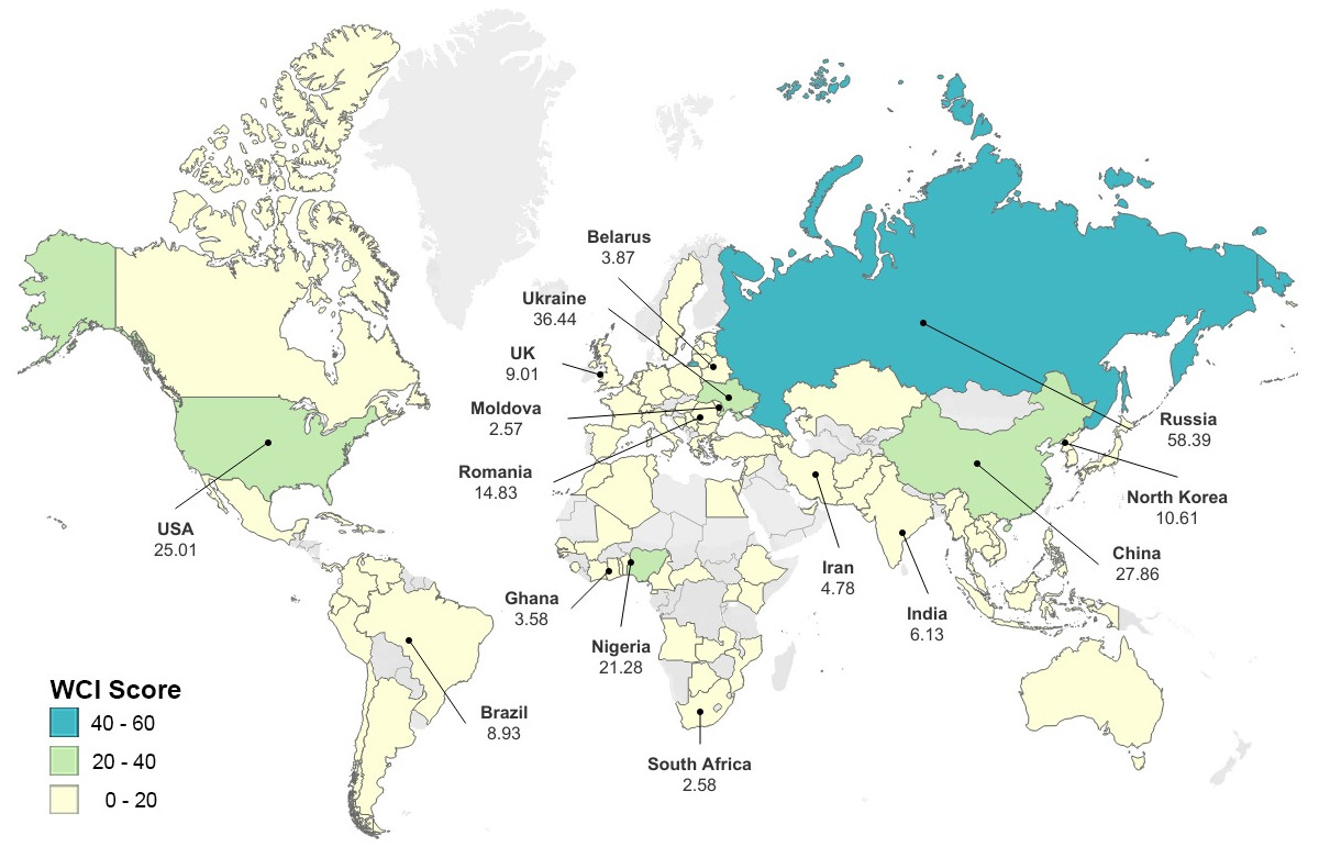 Map of cybercrime points of origination, Russia has the most perpetrators